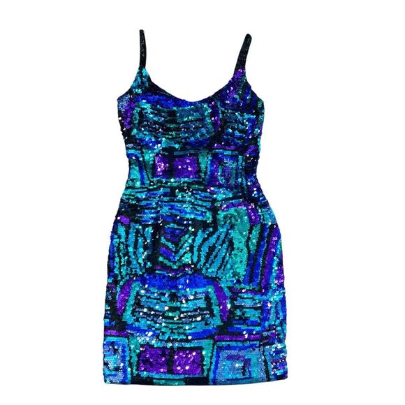 Black Tie By Oleg Cassini Mini Dress Womens Size 4 Blue Purple Sequined Beaded - Picture 3 of 16